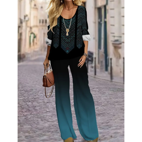 Women Geometric Printing Two-Piece Set Daily Long Sleeve Casual Spring/Fall Top With Pants Matching Set