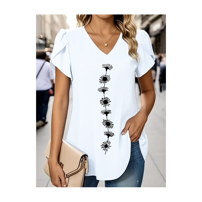 Women Floral Short Sleeve Tee T-shirt V Neck Printing Casual Summer Graphic Tee Top