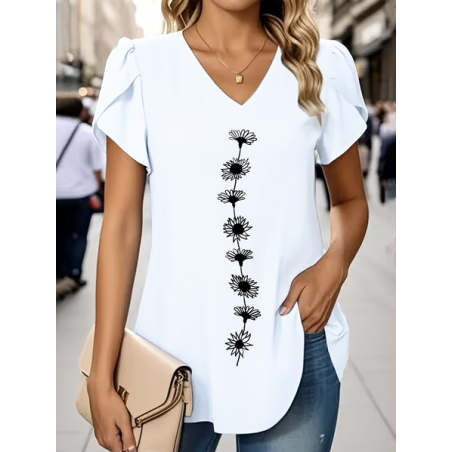 Women Floral Short Sleeve Tee T-shirt V Neck Printing Casual Summer Graphic Tee Top