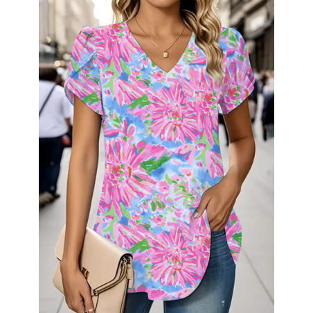 Women Floral Short Sleeve Tee T-shirt V Neck Printing Casual Summer Graphic Tee Top