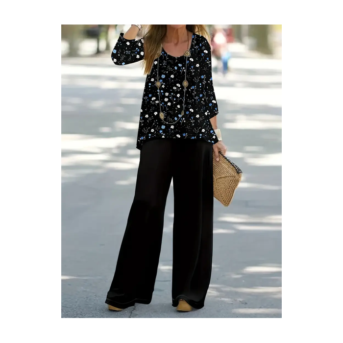 Women Floral Printing Two-Piece Set Daily Long Sleeve Casual Spring/Fall Top With Pants Matching Set