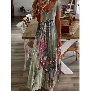 Women Butterfly Short Sleeve Summer Printing Dress V Neck Daily Casual Maxi X-Line Dress