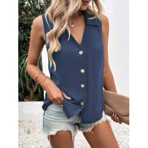 Women Sleeveless Tank Top Camisole Summer Plain Buckle Stand Collar Daily Casual Top