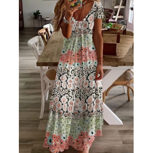 Women Floral Short Sleeve Summer Printing Dress V Neck Daily Casual Maxi X-Line Dress