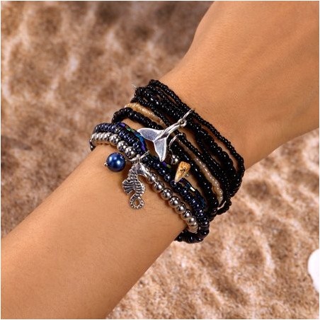 Ins Style Bohemian Beach Vacation Summer Shell Turtle Fishtail Rice Beads Multi-layer Stacking Bracelet Set
