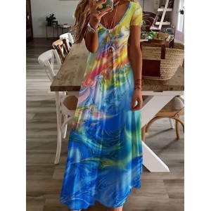 Women Abstract Short Sleeve Summer Printing Dress V Neck Daily Casual Maxi X-Line Dress