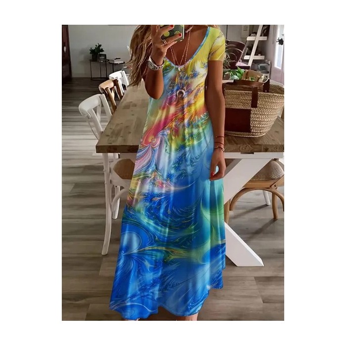 Women Abstract Short Sleeve Summer Printing Dress V Neck Daily Casual Maxi X-Line Dress