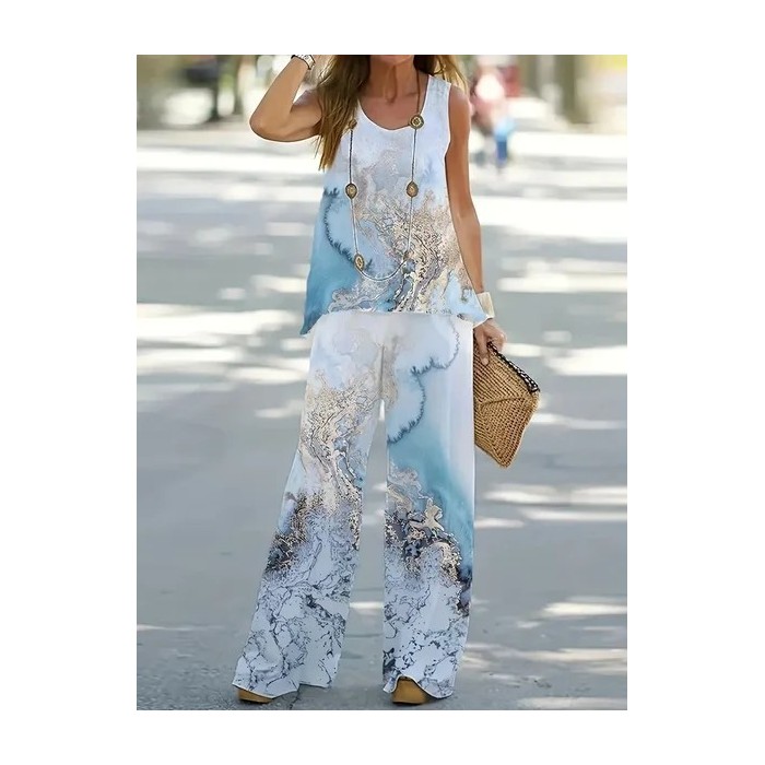 Women Abstract Printing Two-Piece Set Daily Sleeveless Casual Summer Multi-Piece Set Matching Set