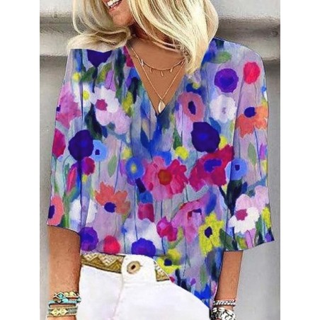 Women's 3/4 Sleeve Blouse Summer Abstract Floral Colorful V Neck Daily Going Out Casual Top