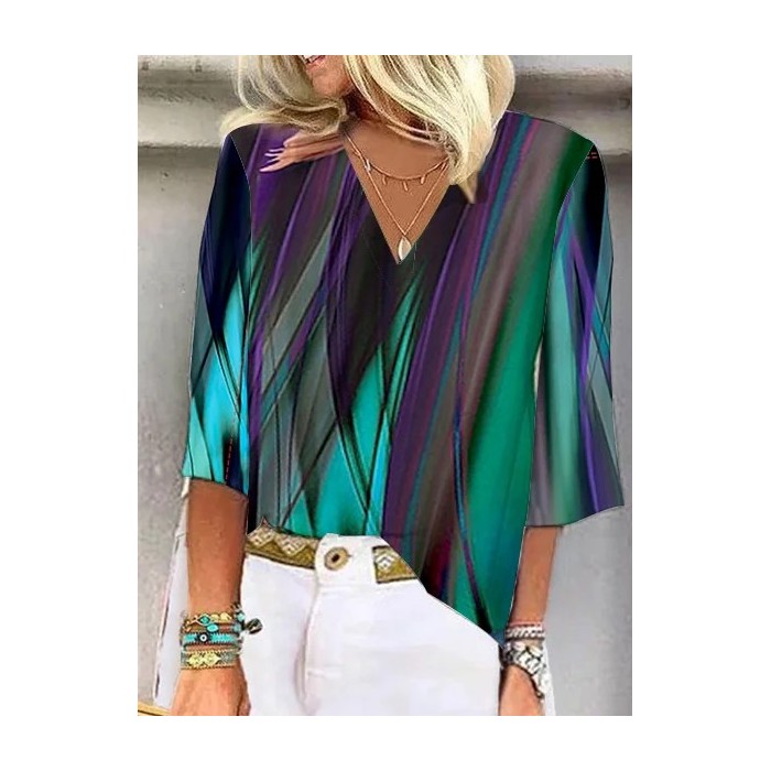 Women's Half Sleeve Blouse Summer Gradient Pattern V Neck Daily Going Out Casual Top Deep Blue