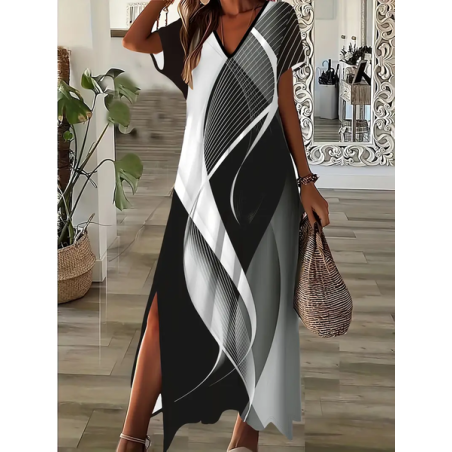 Women Abstract Short Sleeve Summer Printing Dress V Neck Daily Casual Maxi X-Line Dress