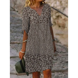 Women Floral Half Sleeve Summer Printing Dress V Neck Daily Casual Mini Shift Dress H-Line Dress