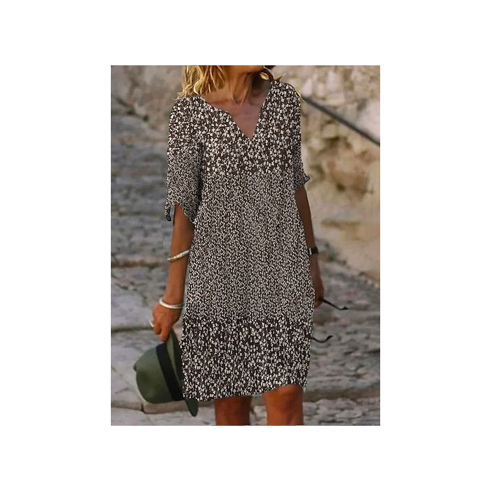 Women Floral Half Sleeve Summer Printing Dress V Neck Daily Casual Mini Shift Dress H-Line Dress