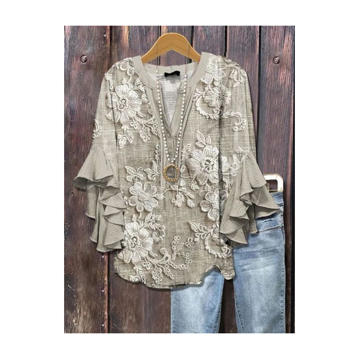 Women Floral Half Sleeve Shirt Summer Printing V Neck Daily Casual Top