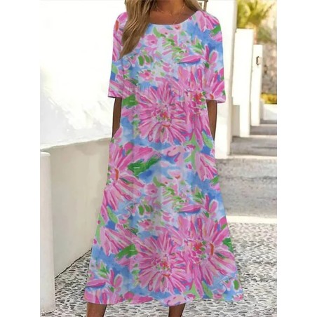 Women Floral Half Sleeve Summer Printing Dress Crew Neck Daily Casual Maxi A-Line Dress