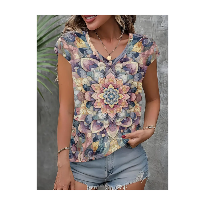 Women Floral Short Sleeve Tee T-shirt V Neck Printing Casual Summer Graphic Tee Top