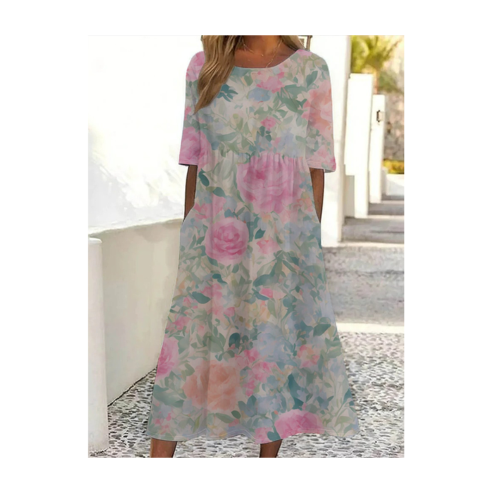 Women Floral Half Sleeve Summer Printing Dress Crew Neck Daily Casual Maxi A-Line Dress