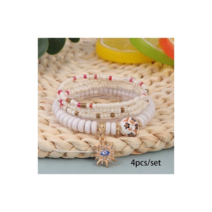 Hot Selling Bohemian Style Multi-layer Rice Bead Bracelet Stacked With Evil Eye Pendant Handmade Adjustable Jewelry