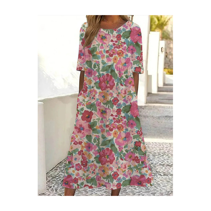 Women Floral Half Sleeve Summer Printing Dress Crew Neck Daily Casual Maxi A-Line Dress