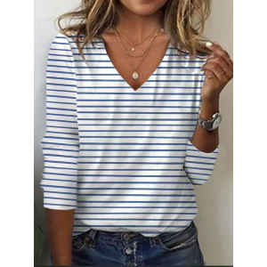 Women's Striped Long Sleeve Tee T-shirt V Neck Printing Casual Spring/Fall Graphic Tee Top