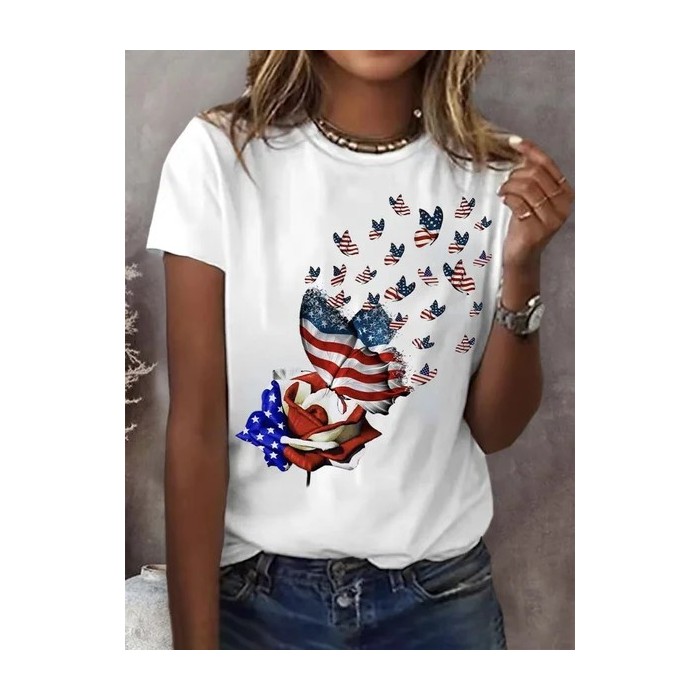 Women Independence Day (Flag) Short Sleeve Tee T-shirt Crew Neck Printing Casual Summer Graphic Tee Top