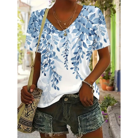 Women Floral Short Sleeve Tee T-shirt V Neck Printing Casual Summer Graphic Tee Top