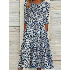 Women Floral Half Sleeve Summer Printing Dress Crew Neck Daily Casual Maxi A-Line Dress
