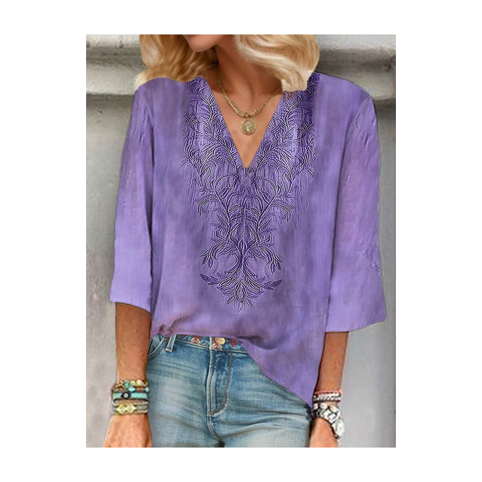 Women Floral Three Quarter Sleeve Blouse Spring/Fall Printing V Neck Daily Casual Top