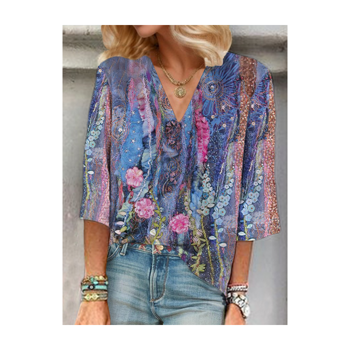 Women Floral Three Quarter Sleeve Blouse Spring/Fall Printing V Neck Daily Casual Top