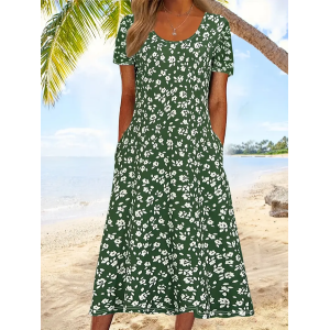 Women Floral Half Sleeve Summer Printing Dress Crew Neck Daily Casual Maxi A-Line Dress