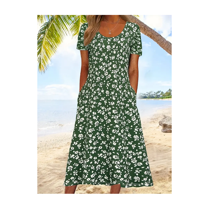 Women Floral Half Sleeve Summer Printing Dress Crew Neck Daily Casual Maxi A-Line Dress