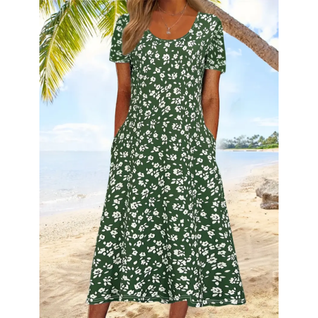 Women Floral Half Sleeve Summer Printing Dress Crew Neck Daily Casual Maxi A-Line Dress