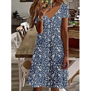 Women Floral Short Sleeve Summer Printing Dress V Neck Daily Casual Midi Fit & Flare Dress A-Line Dress
