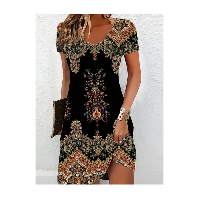 Women Floral Short Sleeve Summer Printing Dress V Neck Daily Casual Midi Fit & Flare Dress A-Line Dress