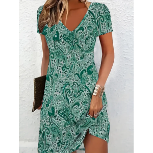 Women Paisley Short Sleeve Summer Printing Dress V Neck Daily Casual Midi Fit & Flare Dress A-Line Dress