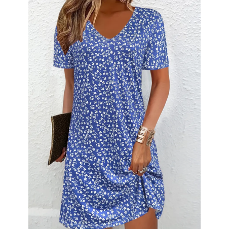 Women Floral Short Sleeve Summer Printing Dress V Neck Daily Casual Midi Fit & Flare Dress A-Line Dress