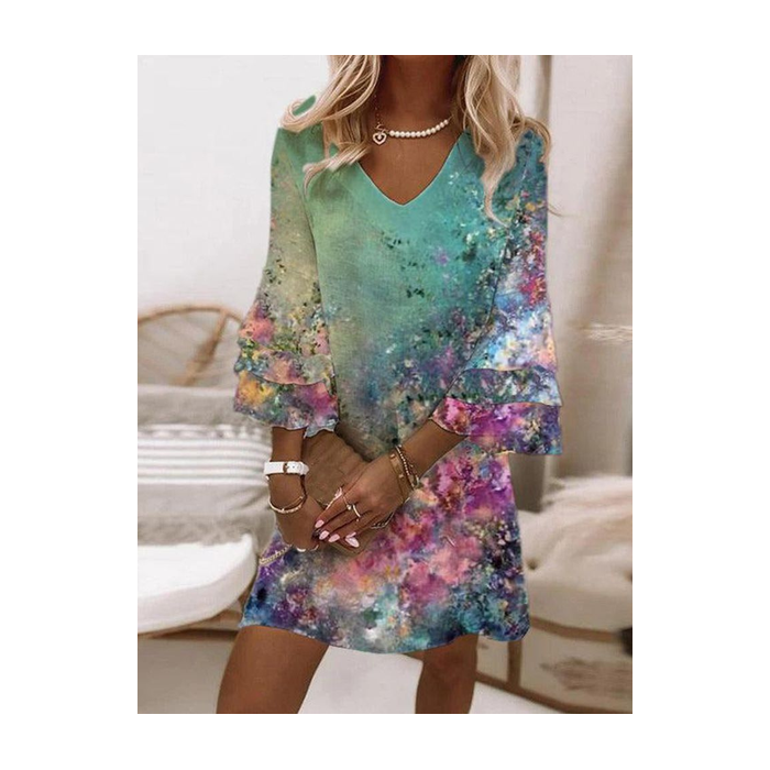 Women Abstract Half Sleeve Summer Printing Dress V Neck Daily Casual Maxi H-Line Dress
