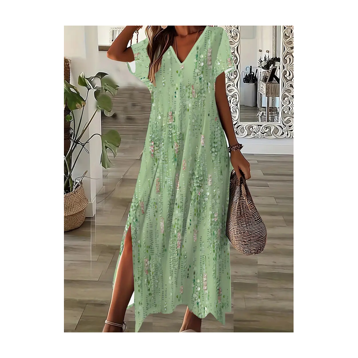 Women Abstract Short Sleeve Summer Printing Dress V Neck Daily Casual Maxi X-Line Dress