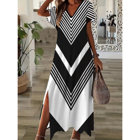 Women Geometric Short Sleeve Summer Printing Dress V Neck Daily Casual Maxi X-Line Dress