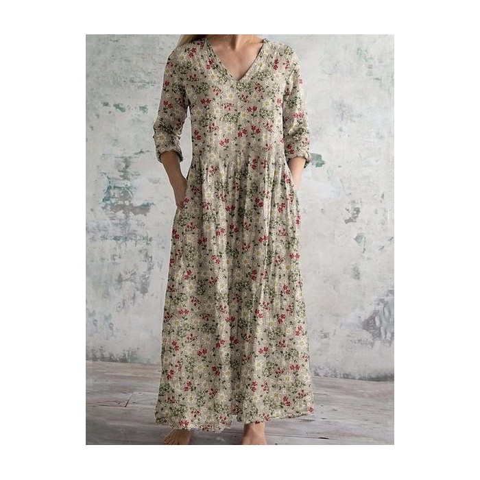 Women's Floral Long Sleeve Spring/Fall Dress V Neck Daily Casual Maxi T-Shirt Dress A-Line Dress