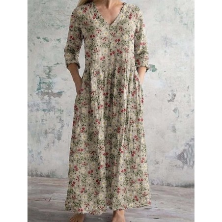 Women's Floral Long Sleeve Spring/Fall Dress V Neck Daily Casual Maxi T-Shirt Dress A-Line Dress