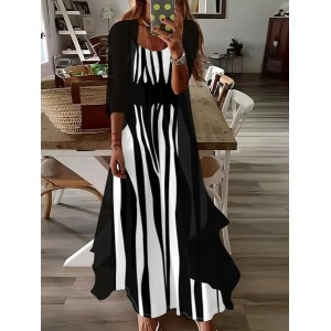 Women Abstract Stripes Printing Two-Piece Set Daily Three Quarter Sleeve Casual Spring/Fall Dress With Coat Matching Set