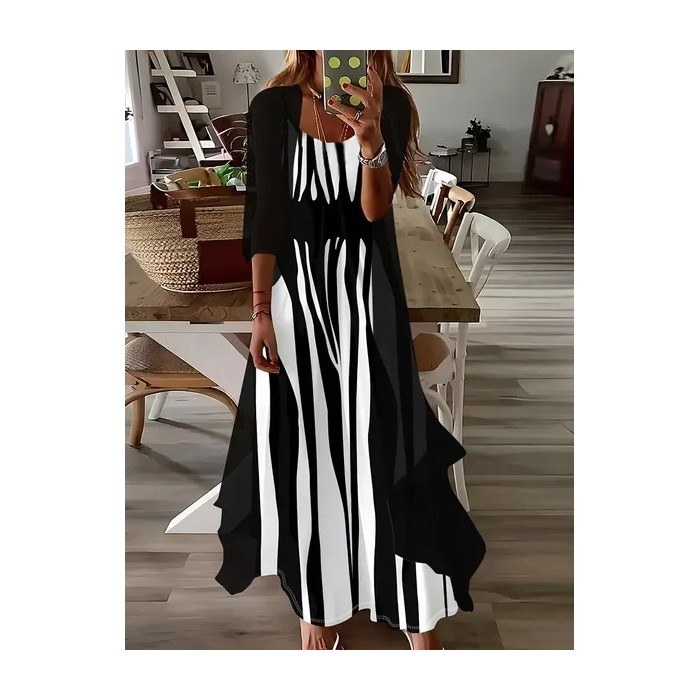 Women Abstract Stripes Printing Two-Piece Set Daily Three Quarter Sleeve Casual Spring/Fall Dress With Coat Matching Set