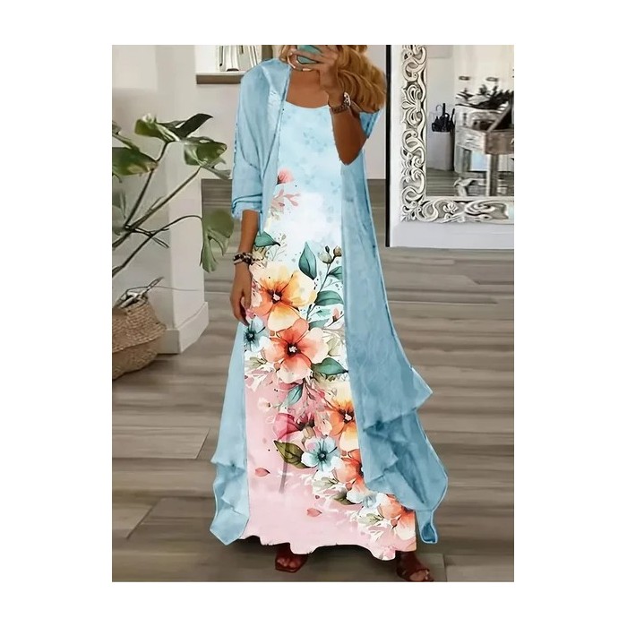 Women Floral Printing Two-Piece Set Daily Three Quarter Sleeve Casual Spring/Fall Dress With Coat Matching Set