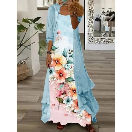 Women Floral Printing Two-Piece Set Daily Three Quarter Sleeve Casual Spring/Fall Dress With Coat Matching Set