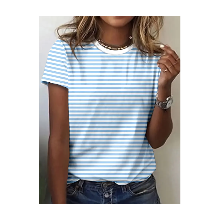 Women Striped Short Sleeve Tee T-shirt Crew Neck Printing Casual Summer Graphic Tee Top