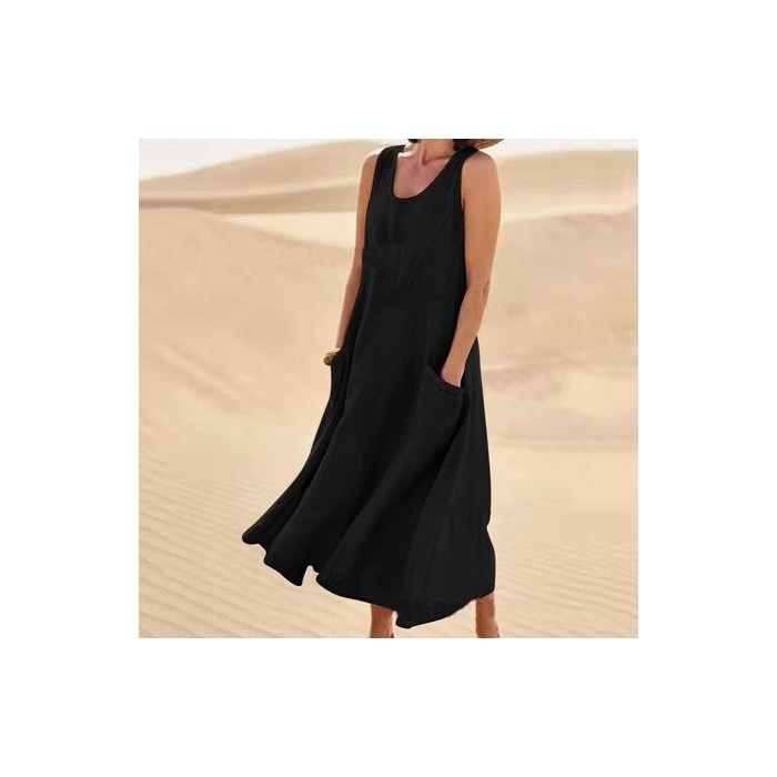 Women Plain Sleeveless Summer Split Joint Dress Crew Neck Daily Casual Maxi Fit & Flare Dress A-Line Dress