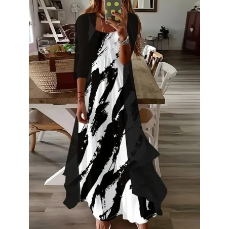 Women Abstract Printing Two-Piece Set Daily Three Quarter Sleeve Casual Spring/Fall Dress With Coat Matching Set