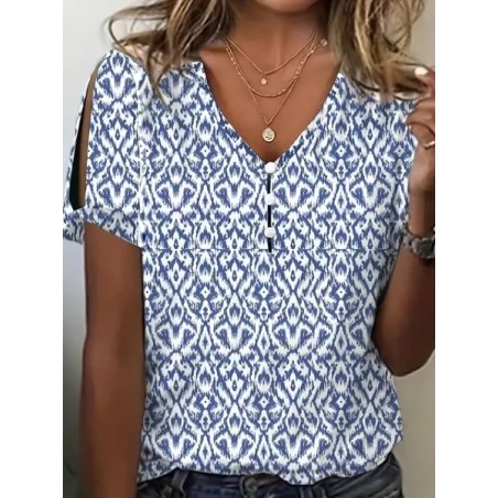 Women Geometric Short Sleeve Tee T-shirt V Neck Printing Casual Summer Top