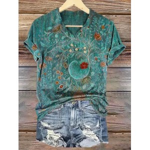 Women Floral Short Sleeve Tee T-shirt V Neck Printing Casual Summer Graphic Tee Top
